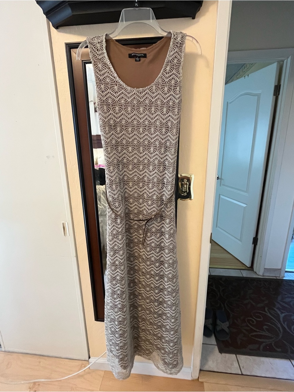 Sharagano Beige Crochet Maxi Dress with Lined Bodice